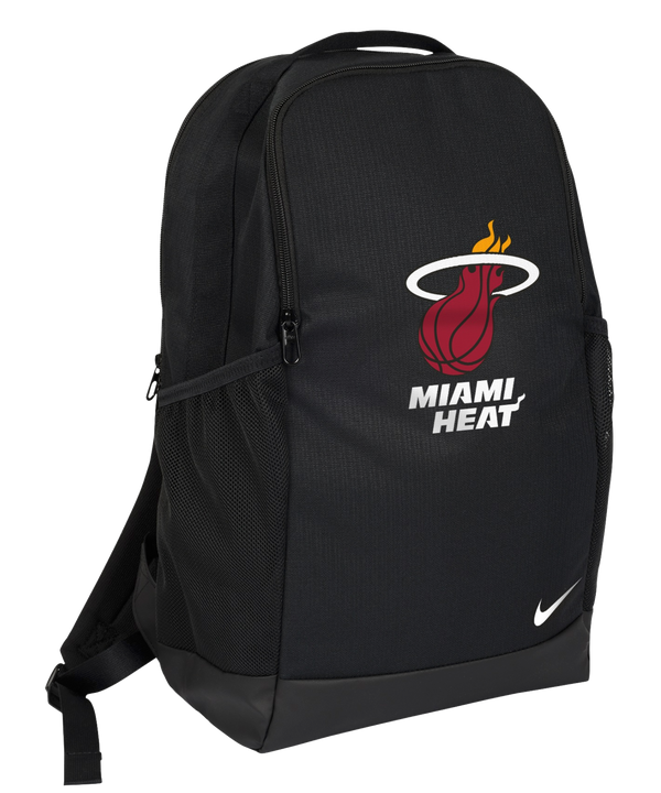 Black Nike backpack with Miami HEAT logo and white Nike swoosh at bottom front. - Nike Miami HEAT Barsilia Backpack