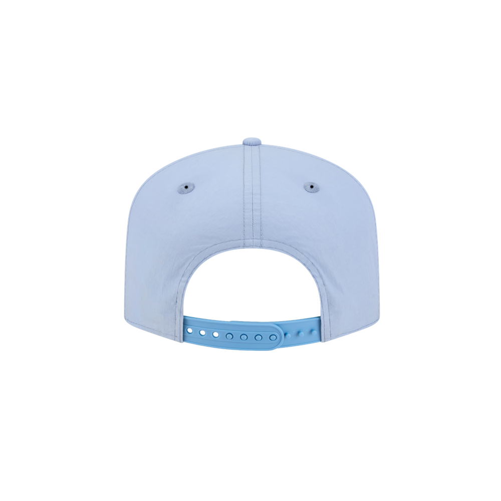 The New Era Miami HEAT Nylon Blue Snapback features a light blue nylon build, adjustable snapback closure, two top ventilation eyelets, and a pre-curved visor. One size fits most.