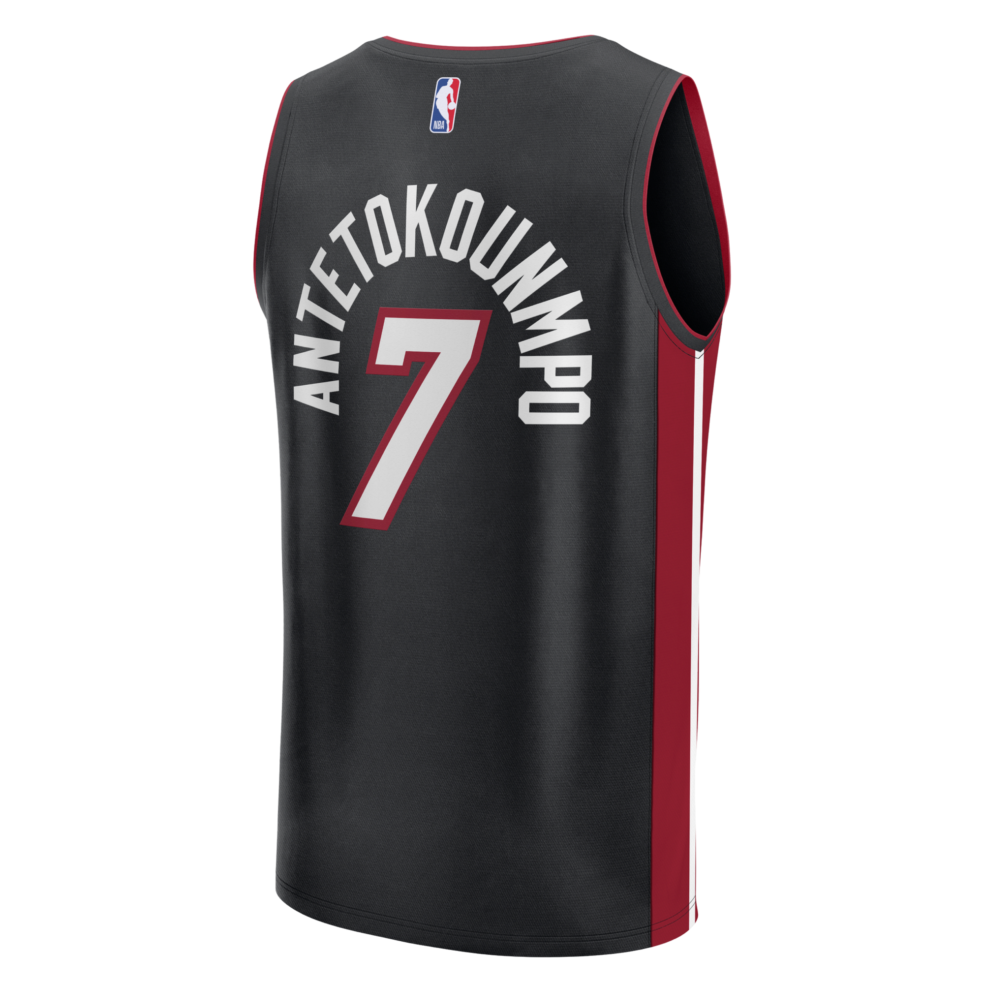 The Fanatics Giannis Antetokounmpo Nike Miami HEAT Youth Icon Black Replica Jersey boasts a classic fit with red and white diagonal mesh side panels for enhanced breathability. “Antetokounmpo” and the number 7 are displayed on the back in white with a gray outline, while the NBA logo appears at the top center.