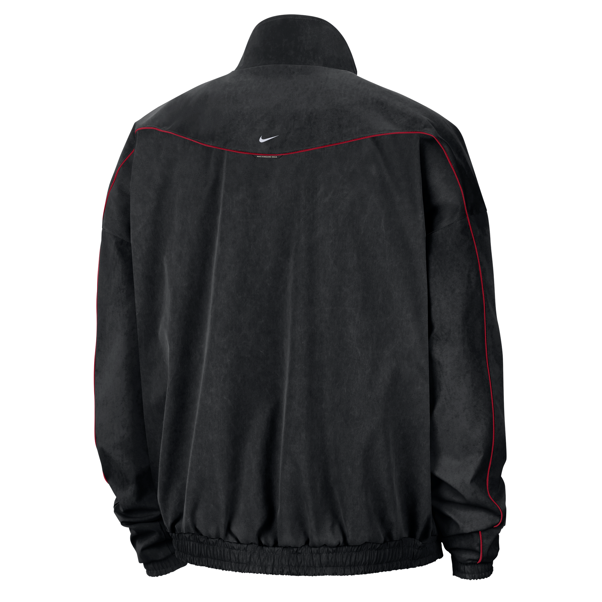 Back view of a black Nike Miami HEAT Standard Issue Woven Jacket featuring red piping accents and a small logo at the center of the upper back.
