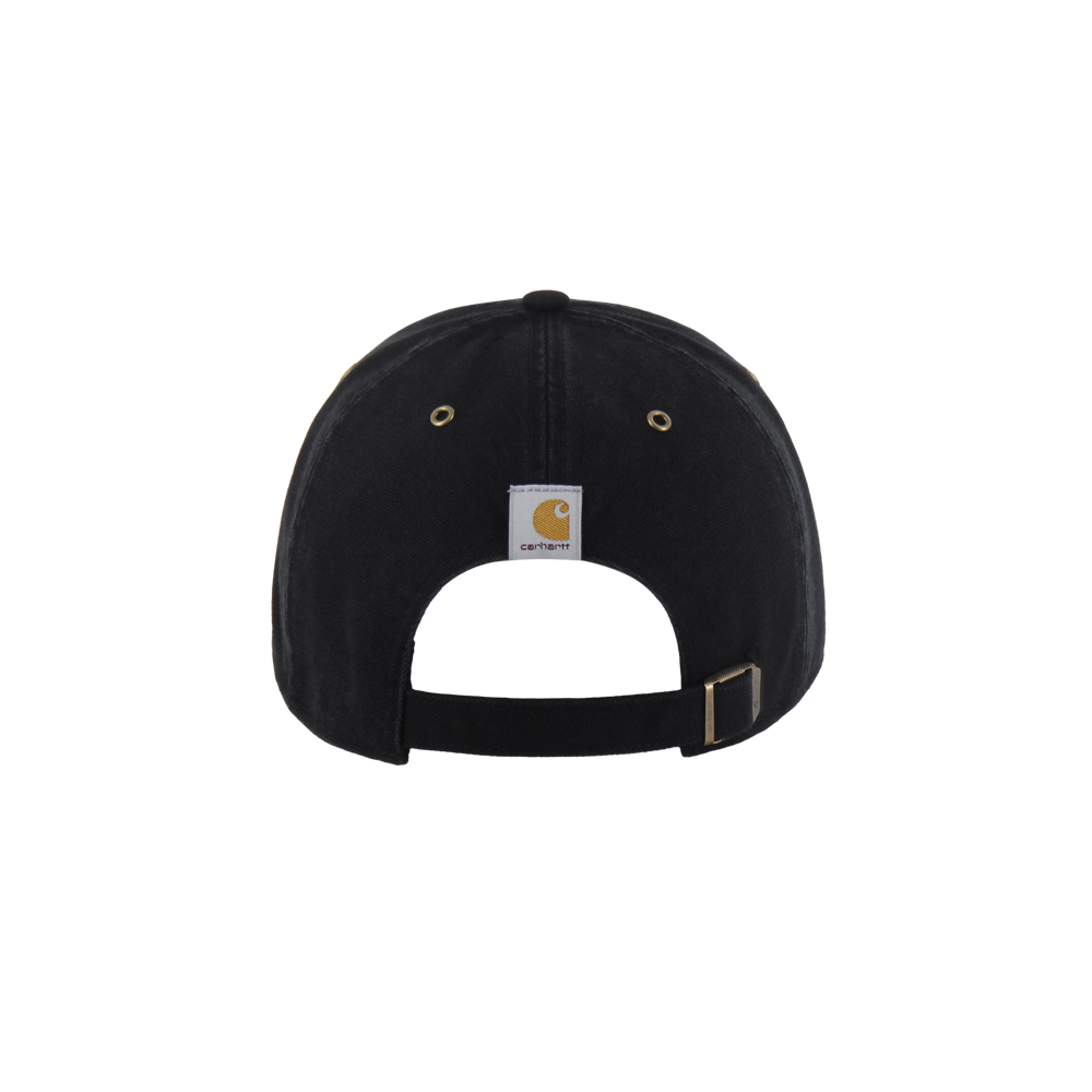 The '47 Brand Carhartt Miami HEAT Cleanup Dad Hat is a black cotton baseball cap with an adjustable strap and metal buckle, plus a small Carhartt patch above the opening. One size fits most; spot clean only.