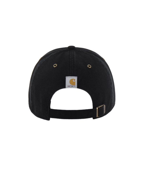 The 47' Brand Carhartt Miami HEAT Cleanup Dad Hat is a black cotton hat with a curved brim and an all-black embroidered Miami Heat logo on the front. One size fits most. Background is plain white.
