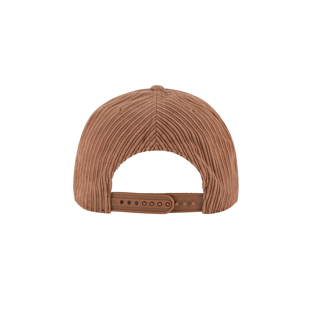 The ’47 Brand Miami HEAT Corduroy Patch Snapback is shown from the back, featuring a plastic adjustable snap closure and textured brown corduroy fabric. Designed as one size fits most, this cap by ’47 Brand is easy to spot clean for simple maintenance.