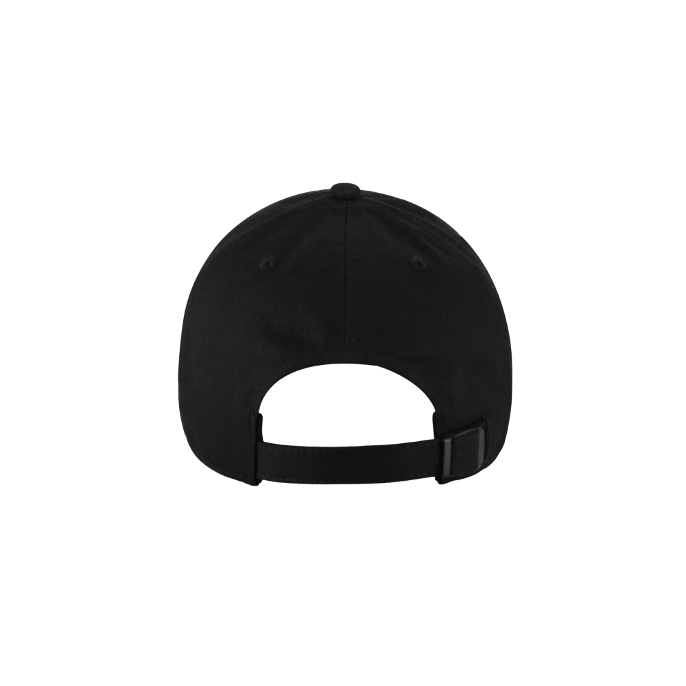 The '47 Brand Miami HEAT Contemporary Black Cleanup Hat features a cotton build, adjustable buckle strap at the back, and a plain white background. One size fits most—spot clean for best care.
