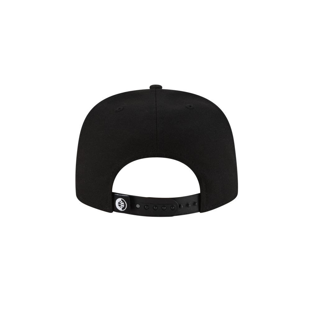 The Court Culture Miami HEAT Snapback, a black polyester A-frame hat, is shown from the back with an adjustable strap and small circular logo near the fastener, set against a plain white background. Spot clean only.