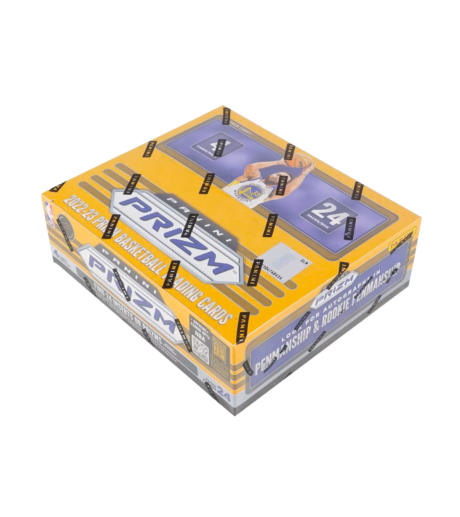 The 2022-23 Panini Prizm Basketball 24-Pack Retail Box by Sport Images features player images, branding, autograph content, and 24 packs per box, all in striking yellow and purple packaging.