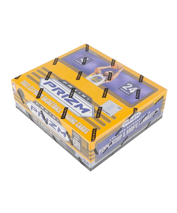 The 2022-23 Panini Prizm Basketball 24-Pack Retail Box by Sport Images features Stephen Curry and includes 24 packs of 4 cards each, sealed with Panini tape and offering possible autograph cards inside.
