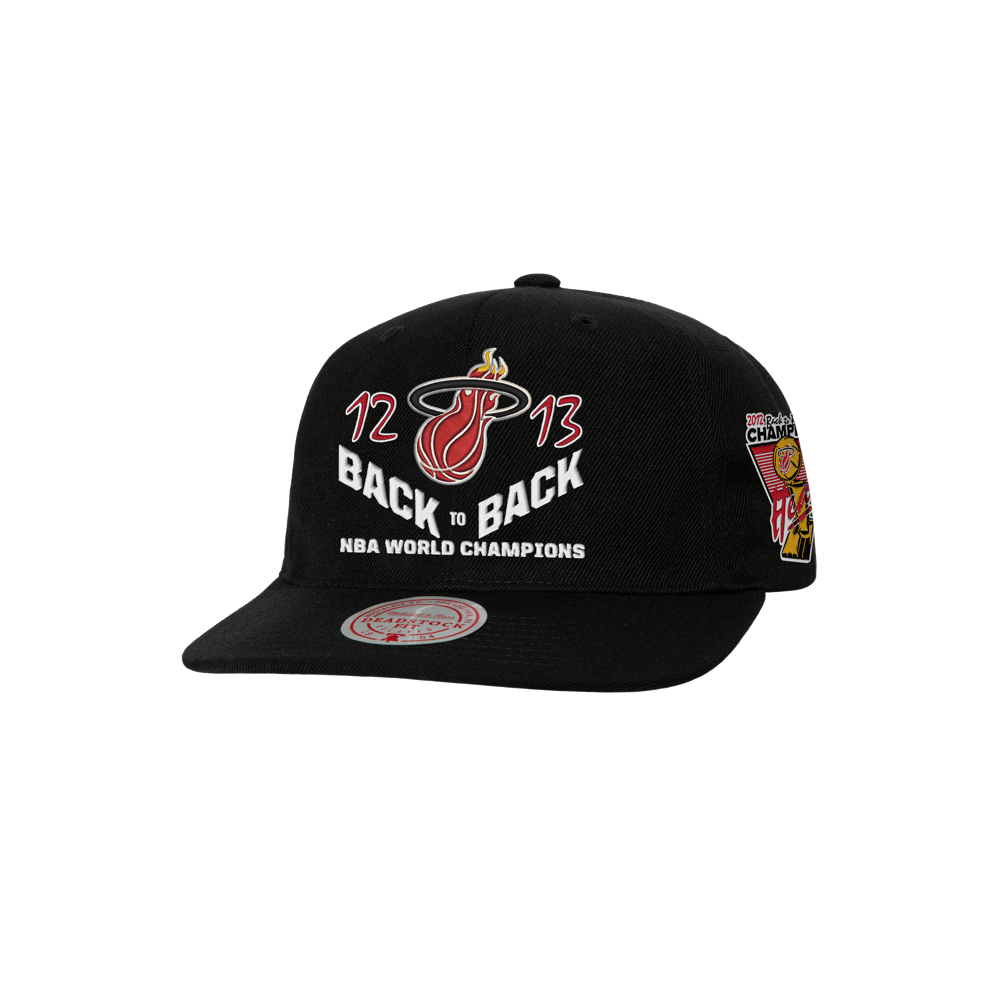The Mitchell & Ness Miami HEAT Back-To-Back Champs Snapback features the Heat logo, 12-13 NBA Champions text on the front, a championship patch on the side, and is one size fits most with easy spot cleaning.