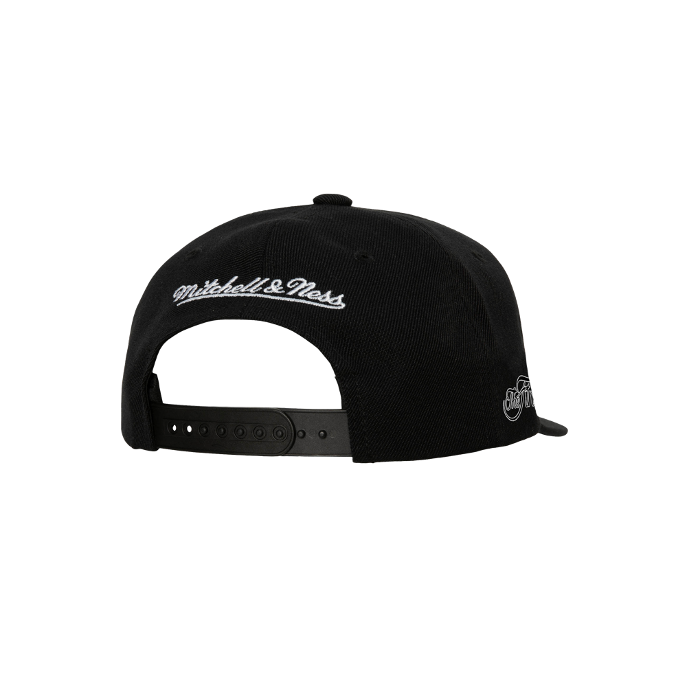 Back view of the Mitchell & Ness Miami HEAT Back-To-Back Champs Snapback in black polyester, featuring white Mitchell & Ness embroidery above the adjustable strap and a small white and gray side logo. One size fits most; spot clean only.