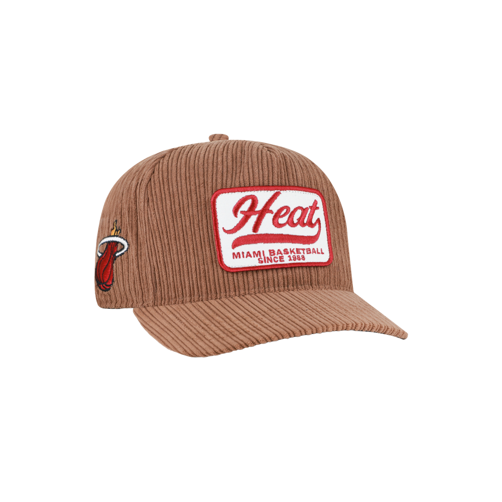 The ’47 Brand Miami HEAT Corduroy Patch Snapback features a brown corduroy design with a distinctive red and white “Heat Miami Basketball Since 1988” patch on the front and the Miami Heat logo embroidered on the side. Made from durable polyester, this snapback offers versatile comfort with its one size fits most style. Spot clean only to maintain its fresh look.