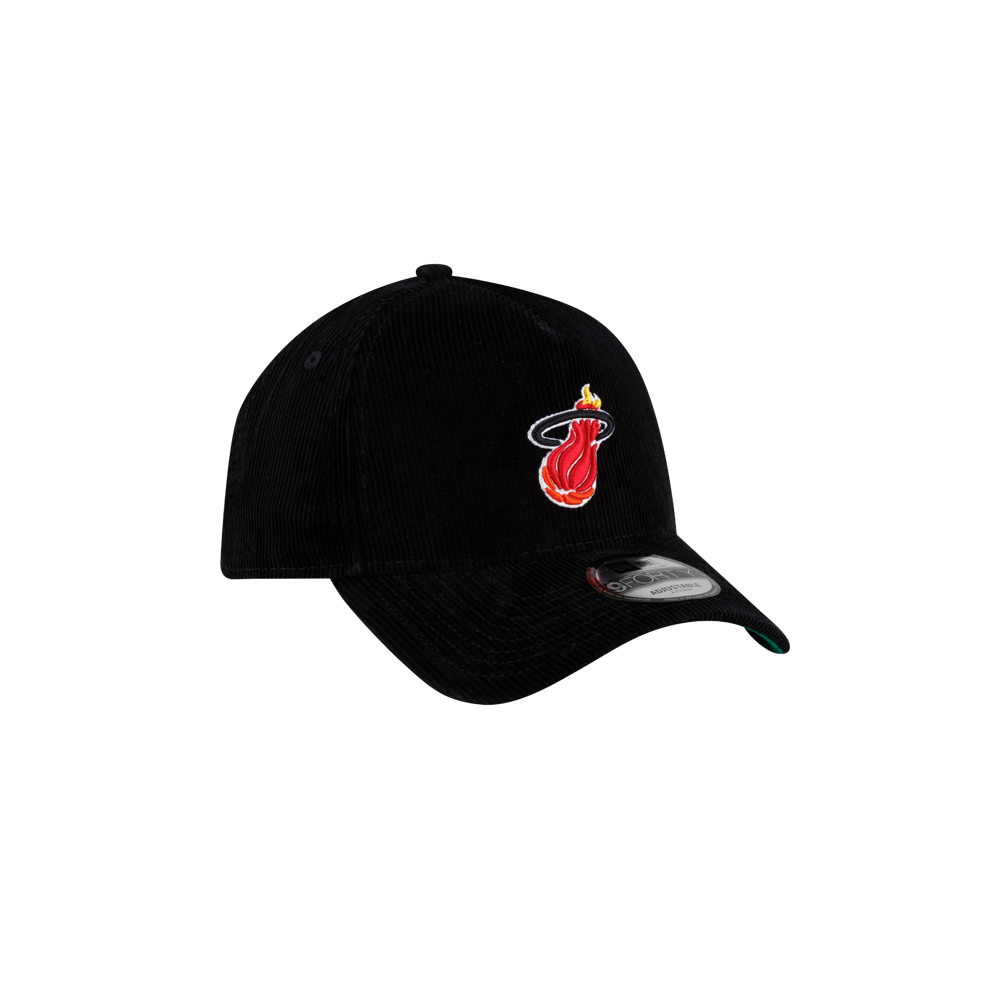 Black corduroy Court Culture x New Era Corduroy Logo Dad Cap A-Frame baseball cap featuring an embroidered Miami Heat logo on the front panel.