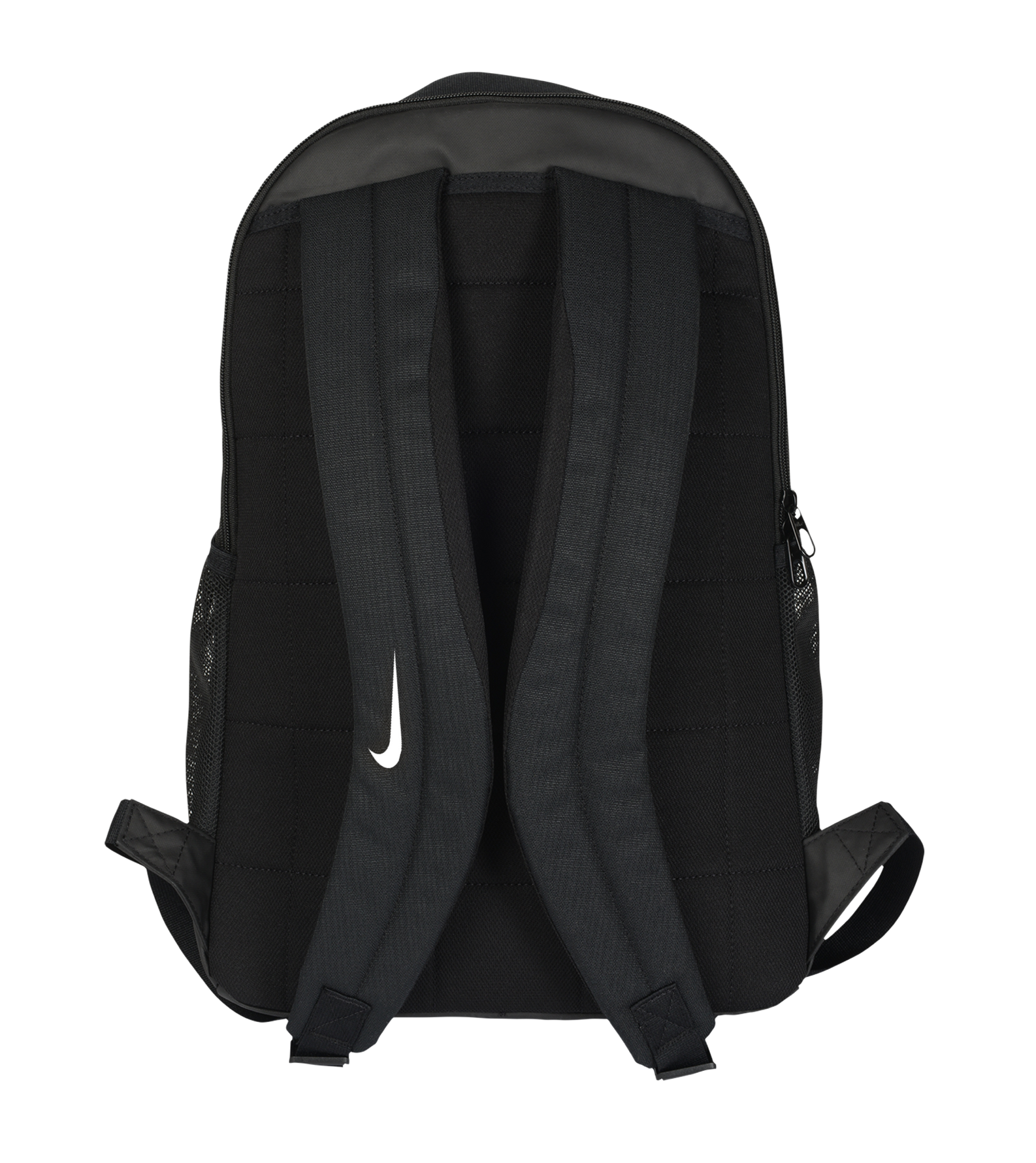 The Nike Miami HEAT Backpack is shown from the back, featuring two padded shoulder straps for comfort. The left strap displays a white Nike Swoosh logo, adding a sporty touch to this bag. Additional features include a mesh side pocket, black stitching details, and a spacious zippered main compartment to keep your essentials organized.