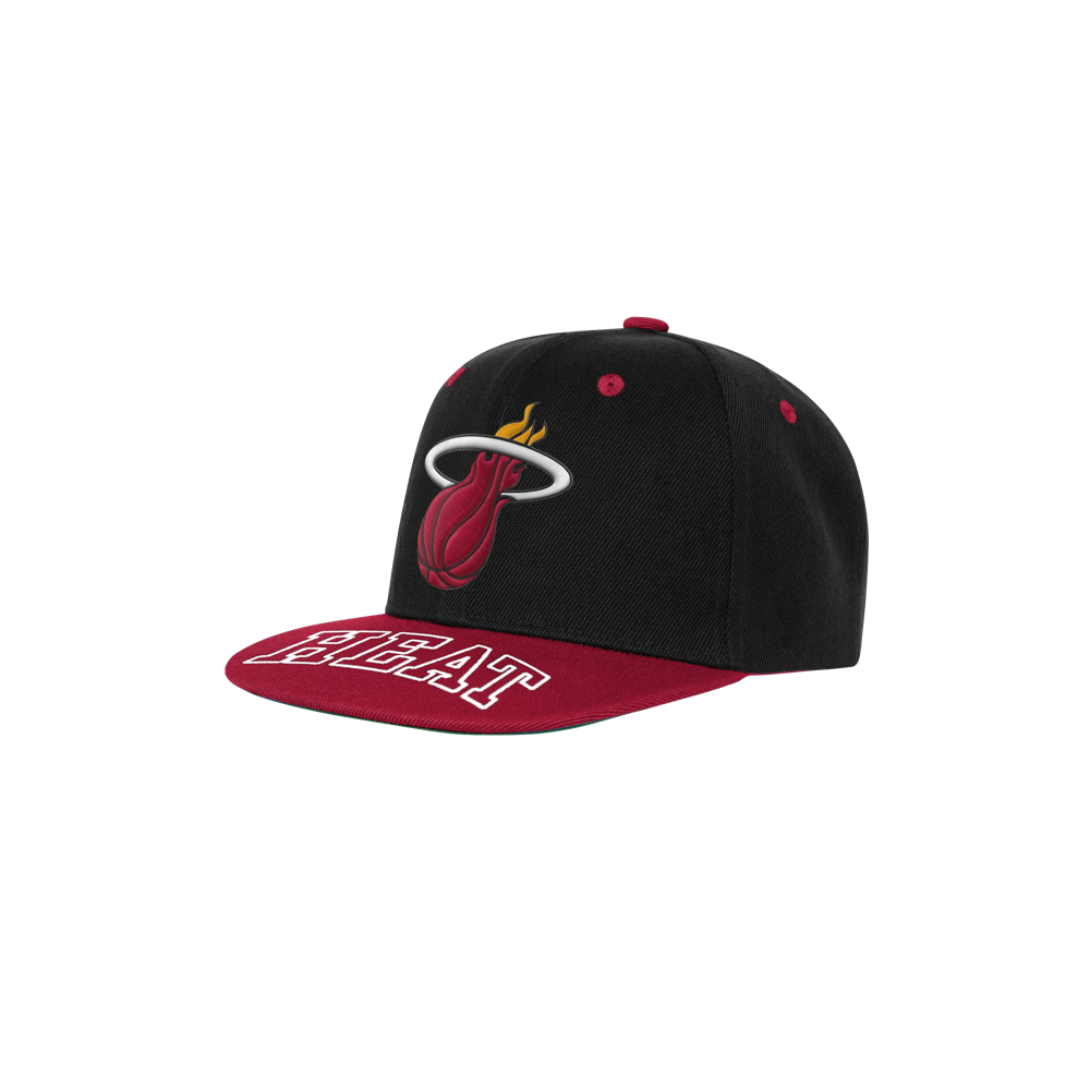 The Outerstuff Miami HEAT Wordmark Brim Youth Snapback is a black and burgundy polyester hat with the team logo on the front and bold 