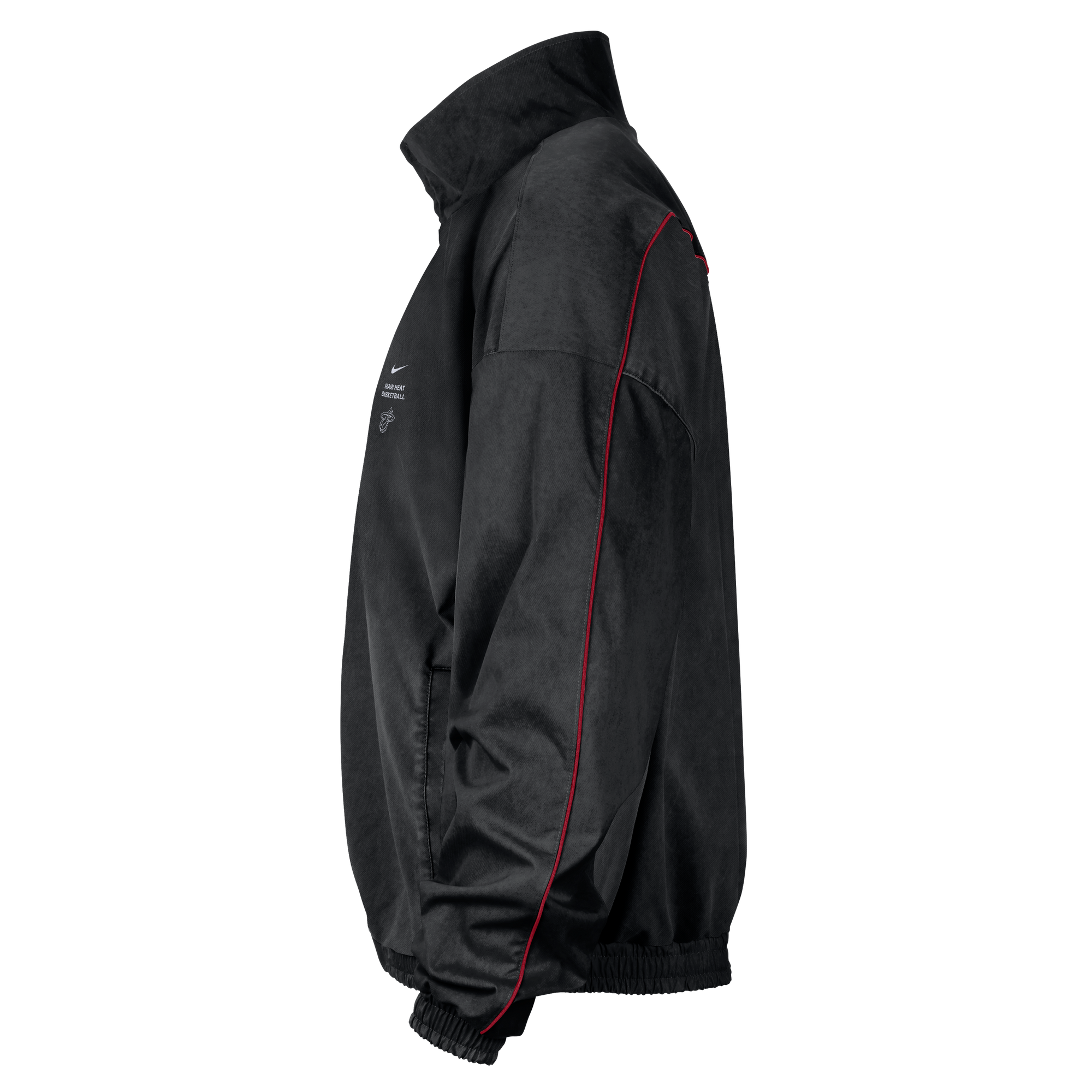 Side view of a black Nike Miami HEAT Standard Issue Woven Jacket featuring thin red piping and small white logos on the chest.