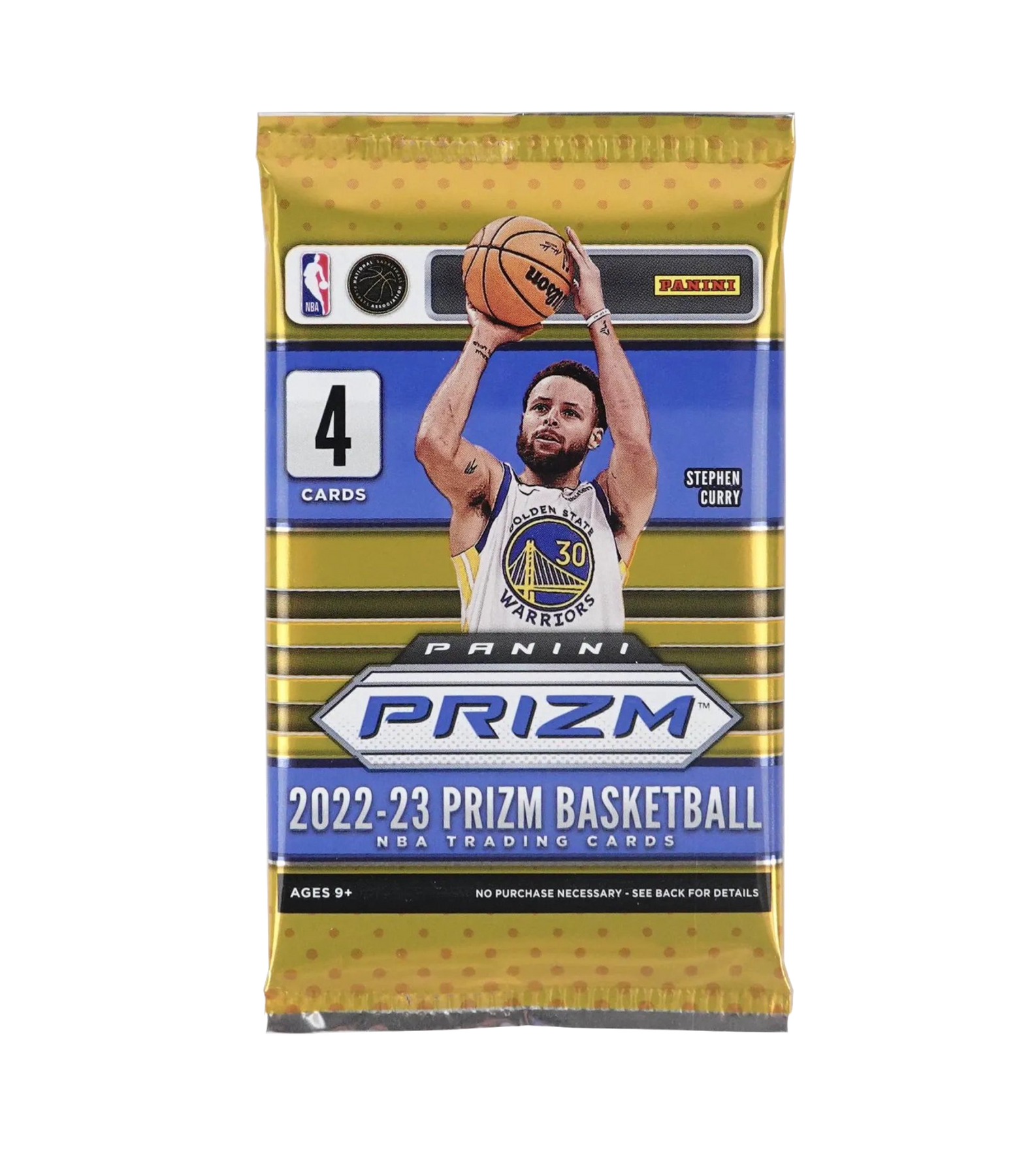 The 2022-23 Panini Prizm Basketball 24-Pack Retail Box by Sport Images features gold foil packs with four cards each and NBA player #30 in a Warriors jersey on the front. Look for exclusive autograph content in select Retail Boxes.
