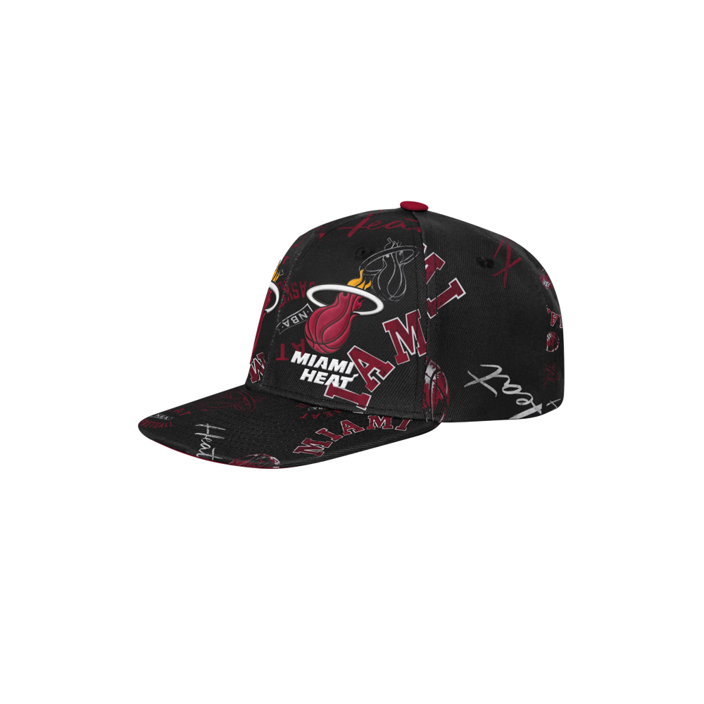 The Outerstuff Miami HEAT Youth Hooper Snapback is a black polyester cap with all-over team logos and signatures in red, white, and yellow. It has a flat brim, bold front branding, adjustable fit, and is spot clean only.