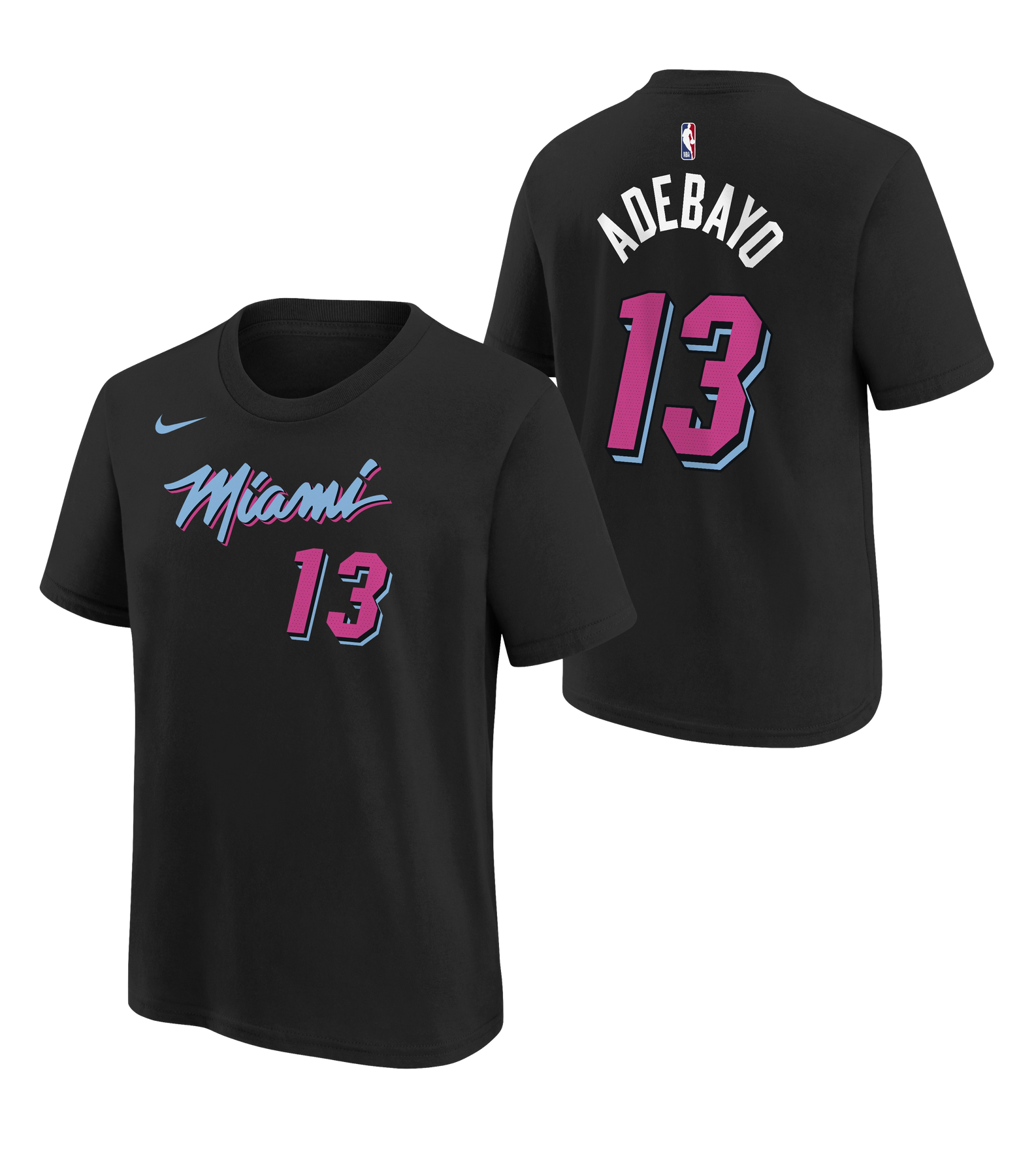 The Bam Adebayo Nike Original Vice Nights Youth Name & Number Tee is a black, standard-fit cotton t-shirt with pink and blue Miami/13 on the front, ADEBAYO/13 and NBA logo on back. Easy-care, machine washable. Brand: Nike.