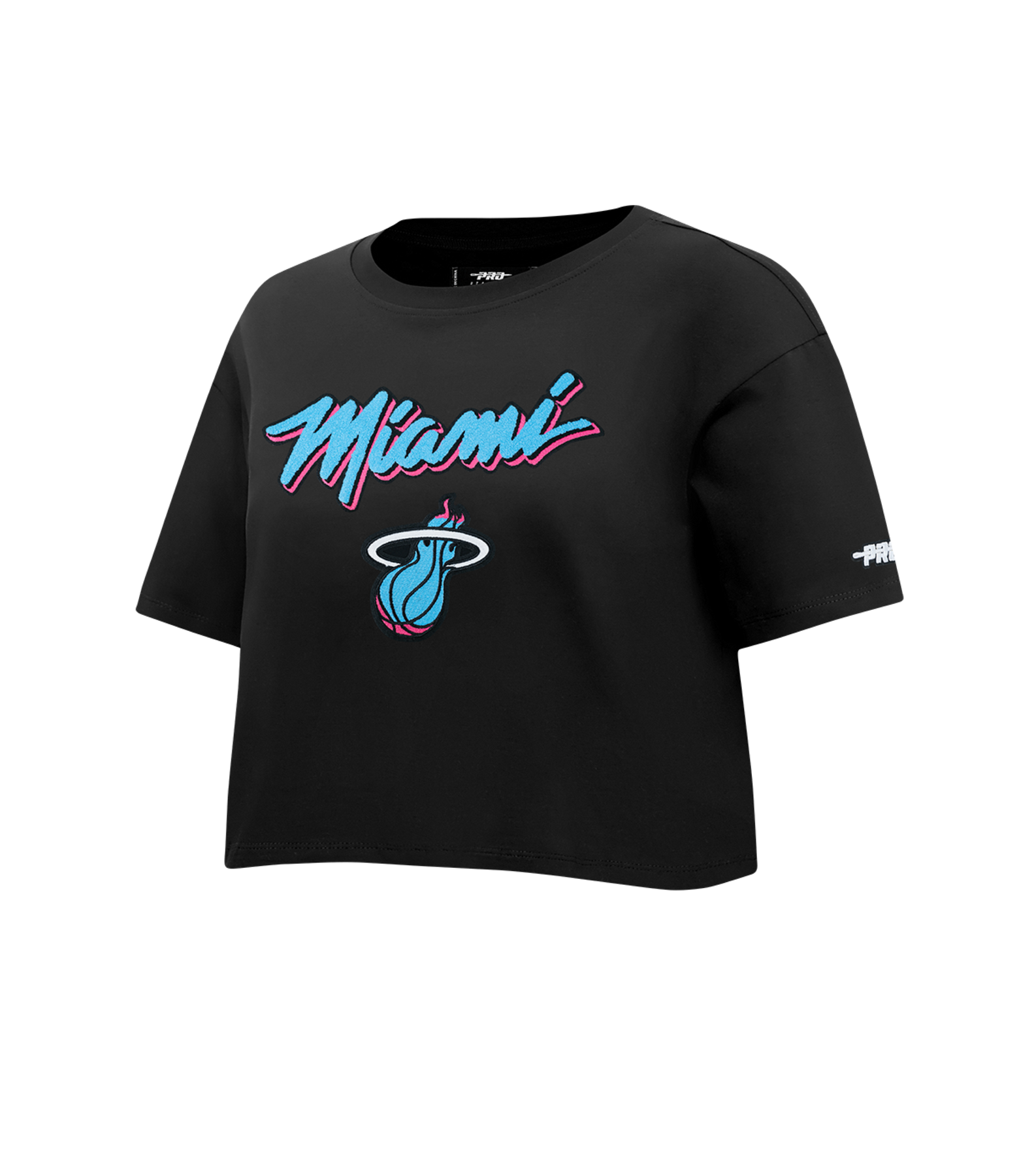 The Pro Standard Miami HEAT Original Vice Nights Women's Boxy Tee is a black, relaxed fit cotton top with “Miami” in blue and pink letters and the Miami Heat logo on the front. This boxy, short-sleeve tee is machine washable.