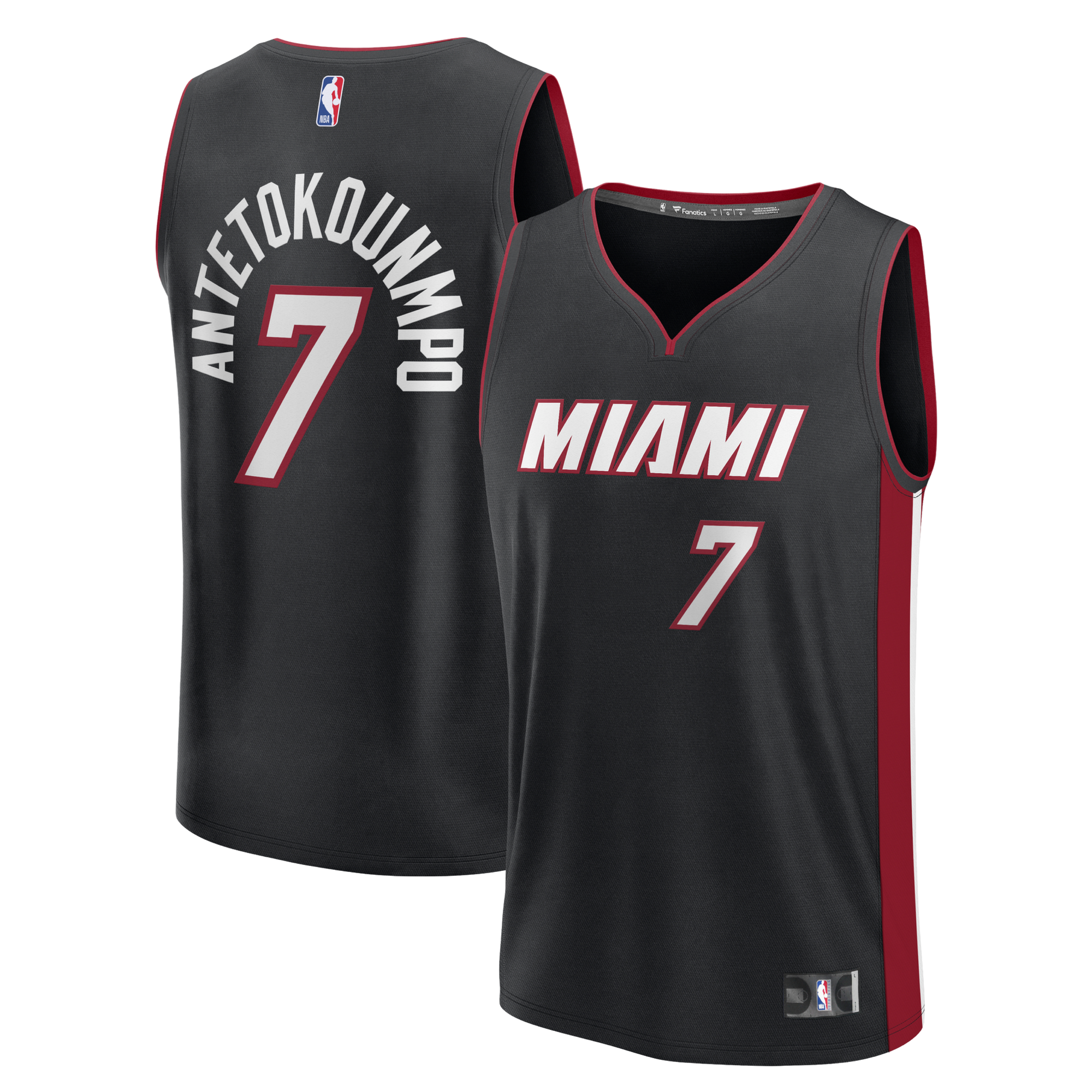 A Giannis Antetokounmpo Nike Miami HEAT Youth Icon Black Replica Jersey by Fanatics, featuring red and white trim with number 7 and 