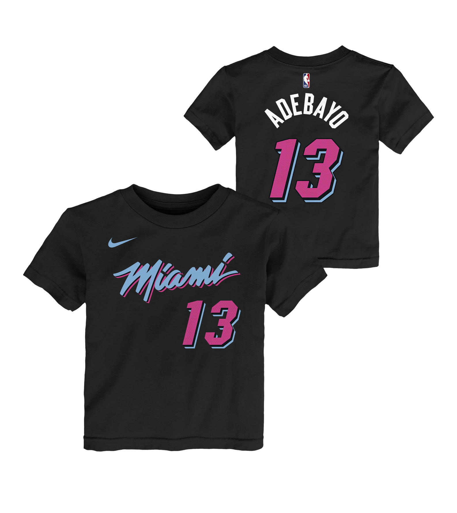 The Bam Adebayo Nike Original Vice Nights Kids Name & Number Tee features a black cotton standard fit with 