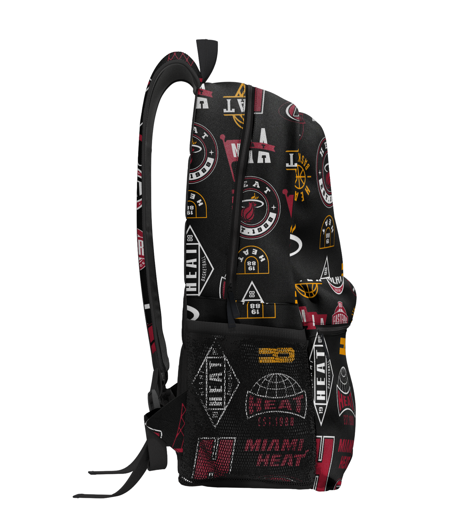 The Outerstuff Miami HEAT Ball Hog Backpack is crafted from black polyester and showcases vivid Miami Heat logos and graphics in red, yellow, and white. The side view highlights adjustable shoulder straps, a mesh side pocket, a zippered pocket for secure storage, and an array of basketball-inspired prints.