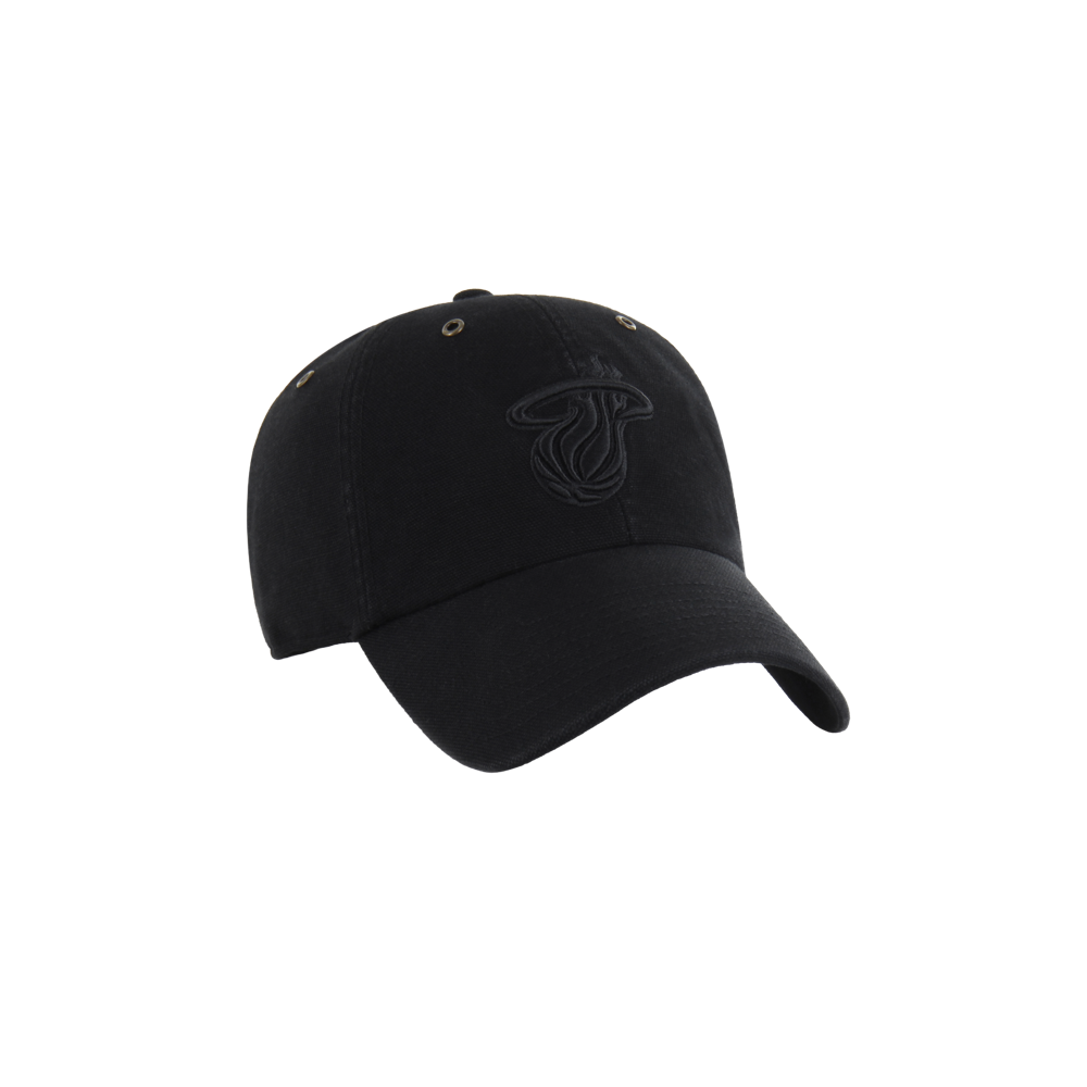 The '47 Brand Carhartt Miami HEAT Cleanup Dad Hat is a black cotton cap with an embroidered black Miami Heat logo on the front. One size fits most; spot clean only. Shown against a plain white background.