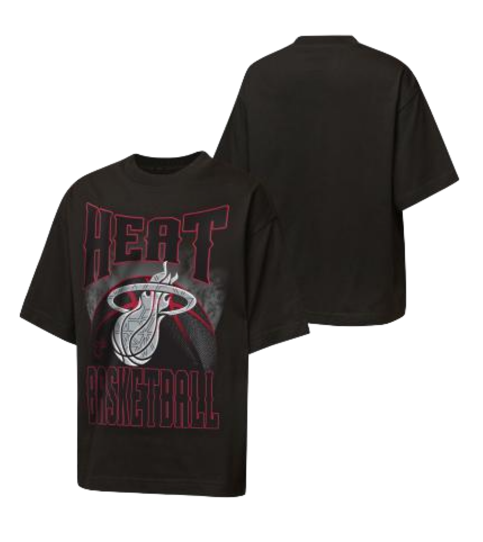 Introducing the Miami HEAT Ballin’ Youth Tee by Outerstuff—a black, standard fit cotton T-shirt featuring a bold HEAT BASKETBALL graphic and Miami Heat logo on the front, with a plain back. This machine washable tee combines comfort and style, making it perfect for young fans to show off their team pride.
