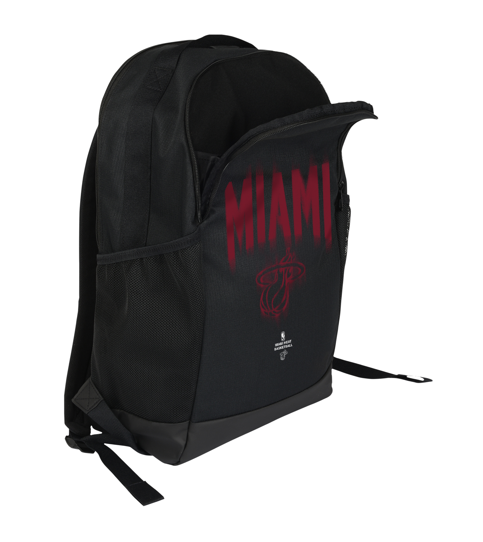 The Nike Miami HEAT Backpack features bold red “MIAMI” lettering on the front with a subtle basketball logo beneath. Designed by Nike, this black backpack offers padded shoulder straps, a spacious main zippered compartment, additional zippered pockets, and adjustable features. The bag is shown standing upright against a white background.