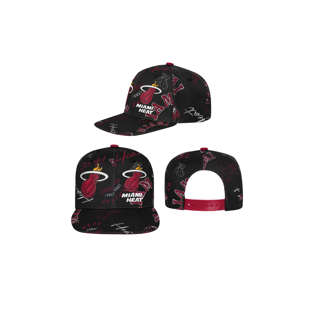 The Outerstuff Miami HEAT Youth Hooper Snapback is a black polyester hat shown from three angles, with bold red and white logos, signatures, and graphics. It features a Miami Heat logo front and an adjustable red strap back. One size fits most.