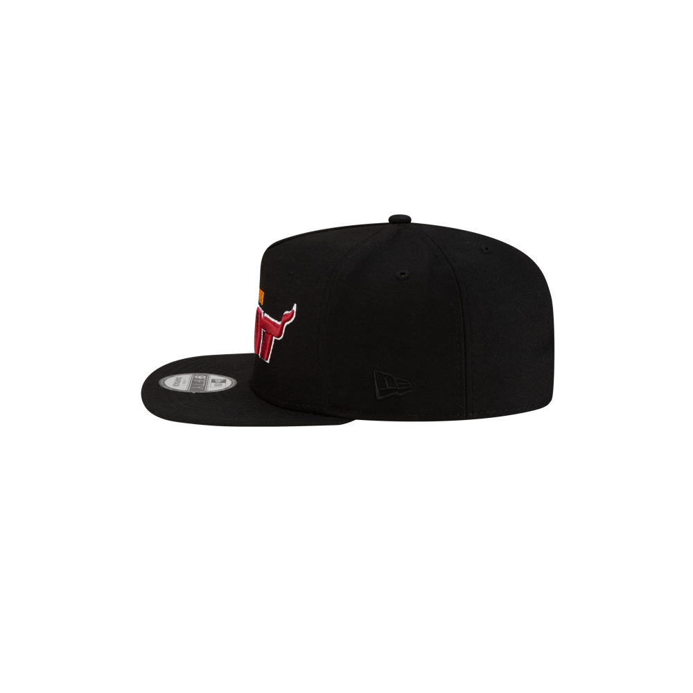 A black Court Culture Miami HEAT Snapback with the red and white Miami HEAT logo on the front, shown angled to display the side and part of the logo. Features a flat brim, polyester A-frame design—one size fits most. Spot clean only. White background.