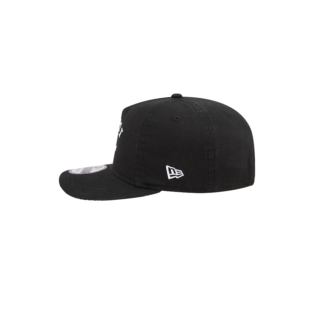 The New Era Miami HEAT Stacked Snapback is a black baseball cap with a flat cotton visor, side white logo, and sticker on the brim, shown from the side against a white background. One size fits most.