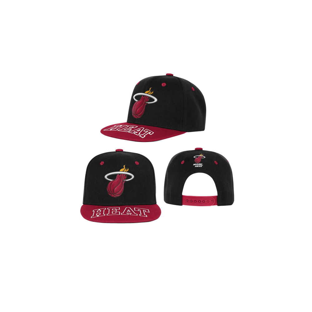 Three views of the Outerstuff Miami HEAT Wordmark Brim Youth Snapback, a black and red polyester hat with team logo front, HEAT text on the brim, adjustable red strap back. One size fits most; spot clean only.