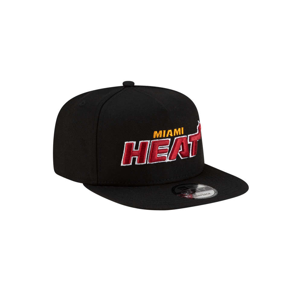 The Court Culture Miami HEAT Snapback is a black polyester A-frame hat with the Miami Heat logo in bold red, yellow, and white embroidery on the front. One size fits most. Shown on a plain white background.