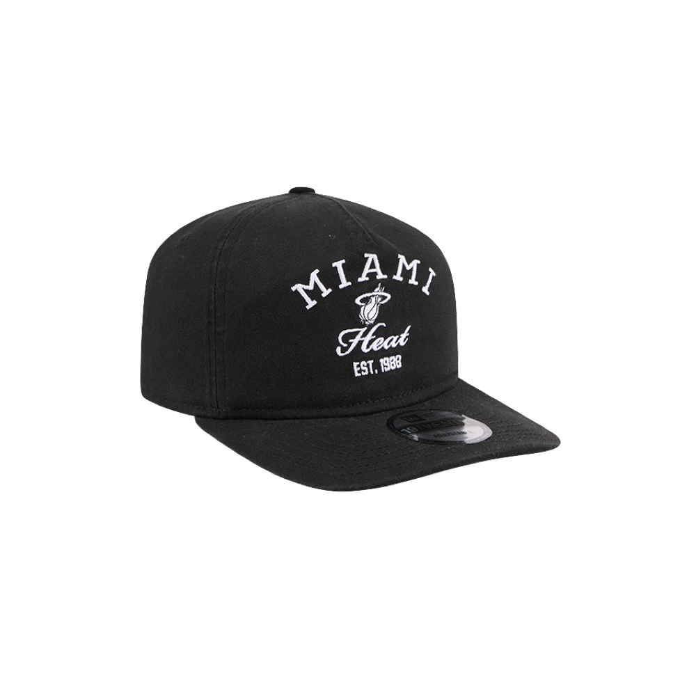 The New Era Miami HEAT Stacked Snapback is a black cap with a pre-curved visor, white embroidered 