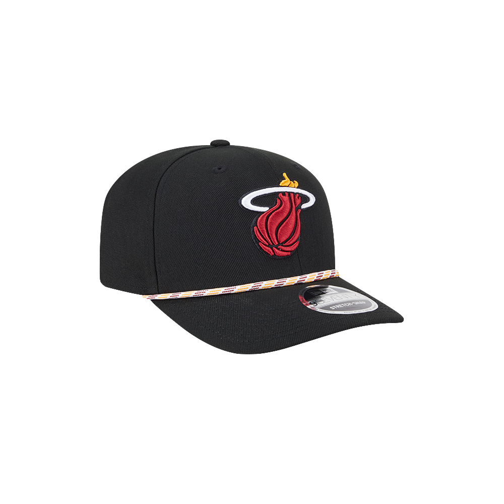The New Era Miami HEAT Multi-Color Rope Snapback features the team logo on the front, a multicolored rope above the brim, moisture-wicking fabric for comfort, and a silver sticker on the visor.
