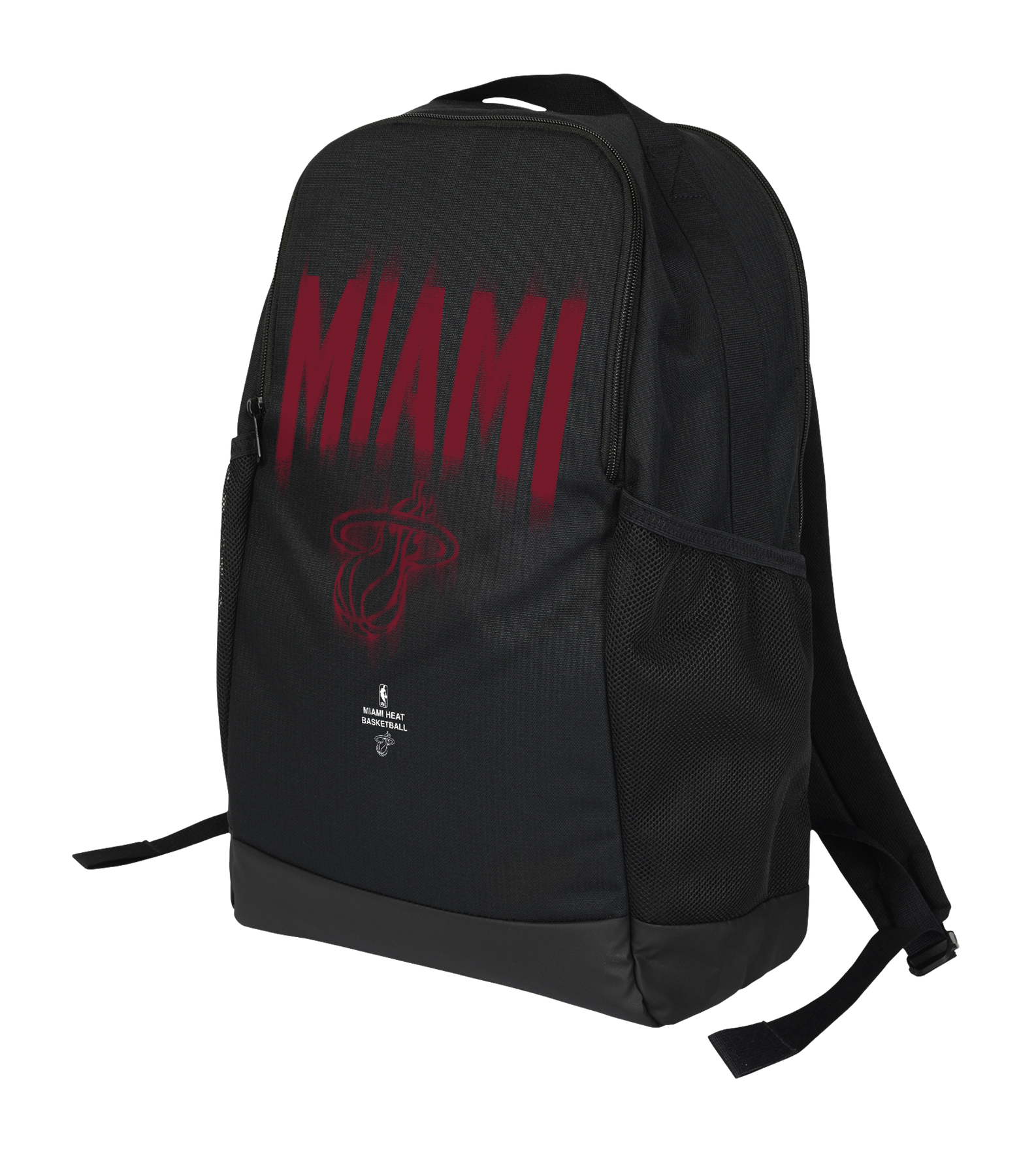 The Nike Miami HEAT Backpack by Nike is shown on a white background. This black bag features “MIAMI” in bold red letters above the basketball team logo, and offers a spacious large zippered compartment, side mesh pockets, and comfortable padded shoulder straps.