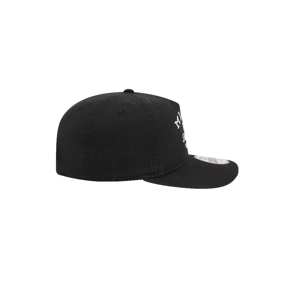 The New Era Miami HEAT Stacked Snapback is a black baseball cap shown in side view on a white background, with a flat brim and partially visible white embroidered text. It's one size fits most for versatile wear.