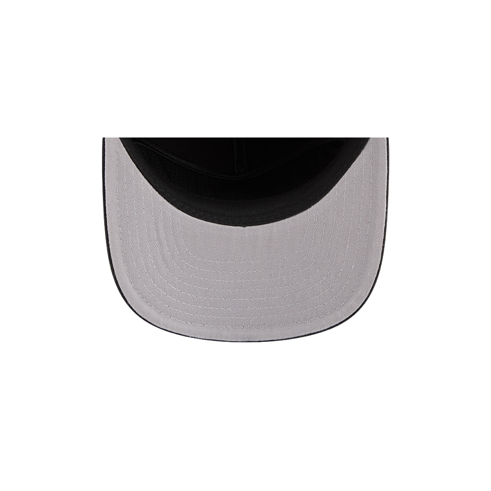 Top-down view of the New Era Miami HEAT Stacked Snapback, a gray cap by New Era with a black edge and inner lining, pre-curved cotton visor, centered on a plain white background.