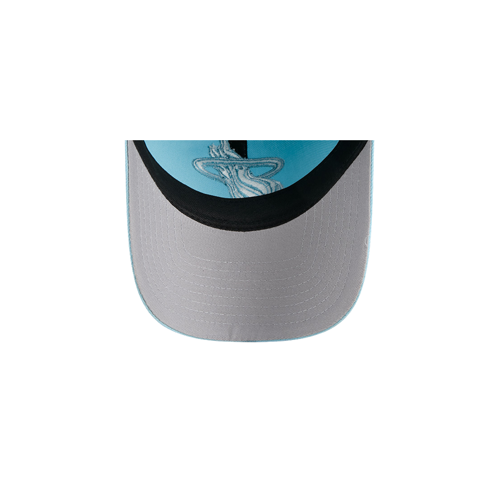 A close-up, top-down view of the New Era Miami HEAT Light Blue Color Pack Dad Hat shows its gray polyester brim, light blue crown, and black/light blue stitching. One size fits most; spot clean for best care. Brand: New Era.