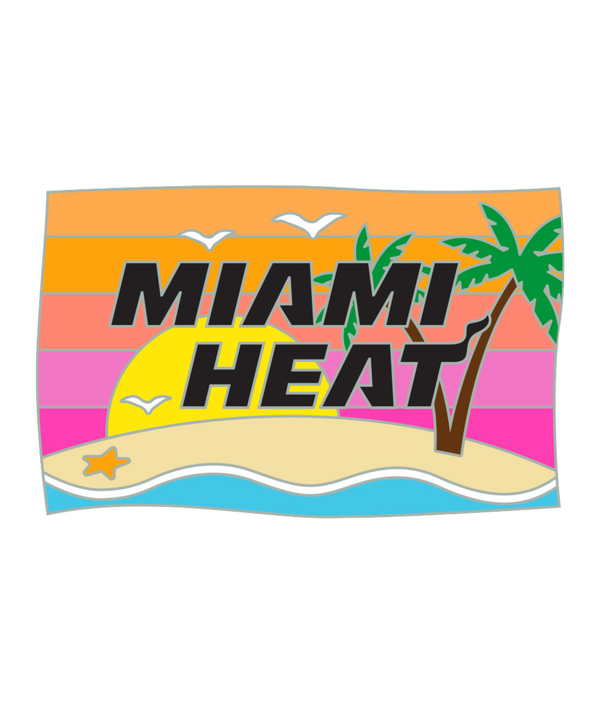 The Miami HEAT Beach Pin by Pro Specialties is a 1-inch wide, colorful graphic pin with a sunset, palm trees, birds, and starfish on a beach. Features orange, pink, yellow stripes above blue sea and a secure butterfly clasp for easy wear.