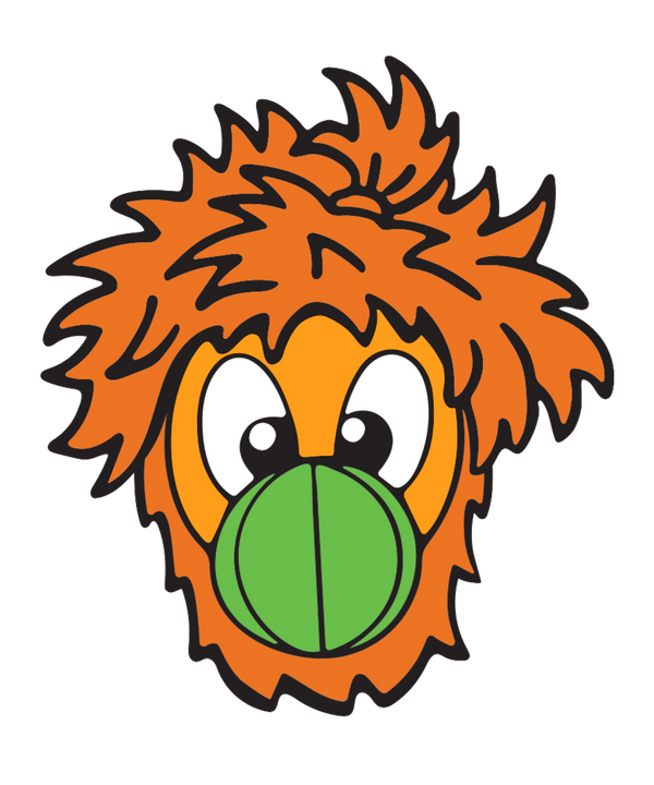 The Pro Specialties Miami HEAT Burnie Head Pin features a cartoon orange creature with spiky hair, big eyes, and a green ball over its mouth, secured by a butterfly clasp for easy pinning.