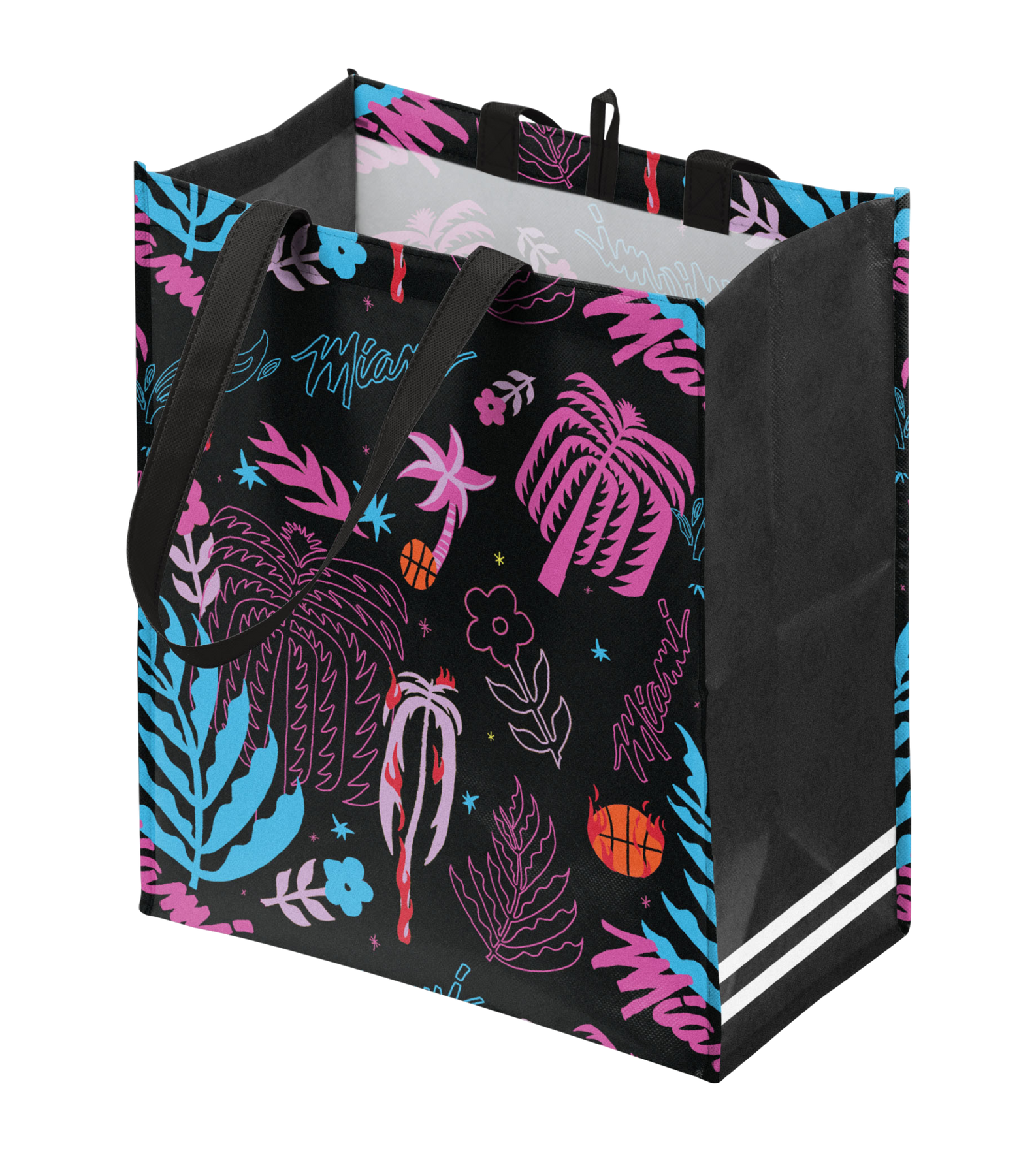 The Miami HEAT Original Vice Nights Reusable Bag by Forever Collectibles is a black non-woven polypropylene tote, 15