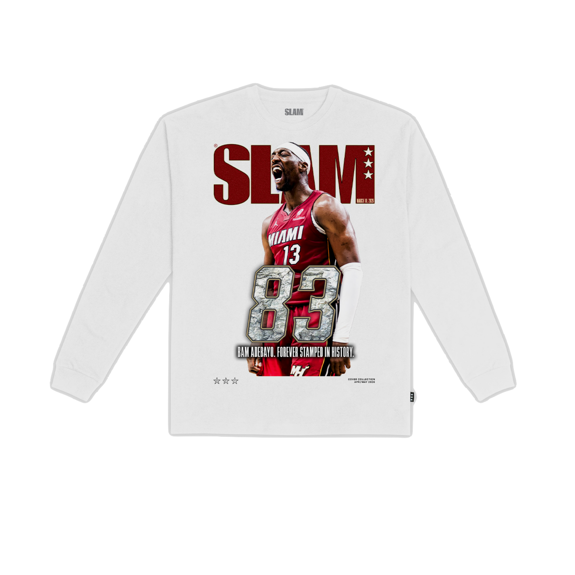 The Bam Adebayo SLAM Cover Long Sleeve Tee by SLAM features a white design with Bam in a red Miami jersey, bold SLAM 261 text, and number 83—celebrating NBA ABA Final Foreign Stampin History on this special edition.