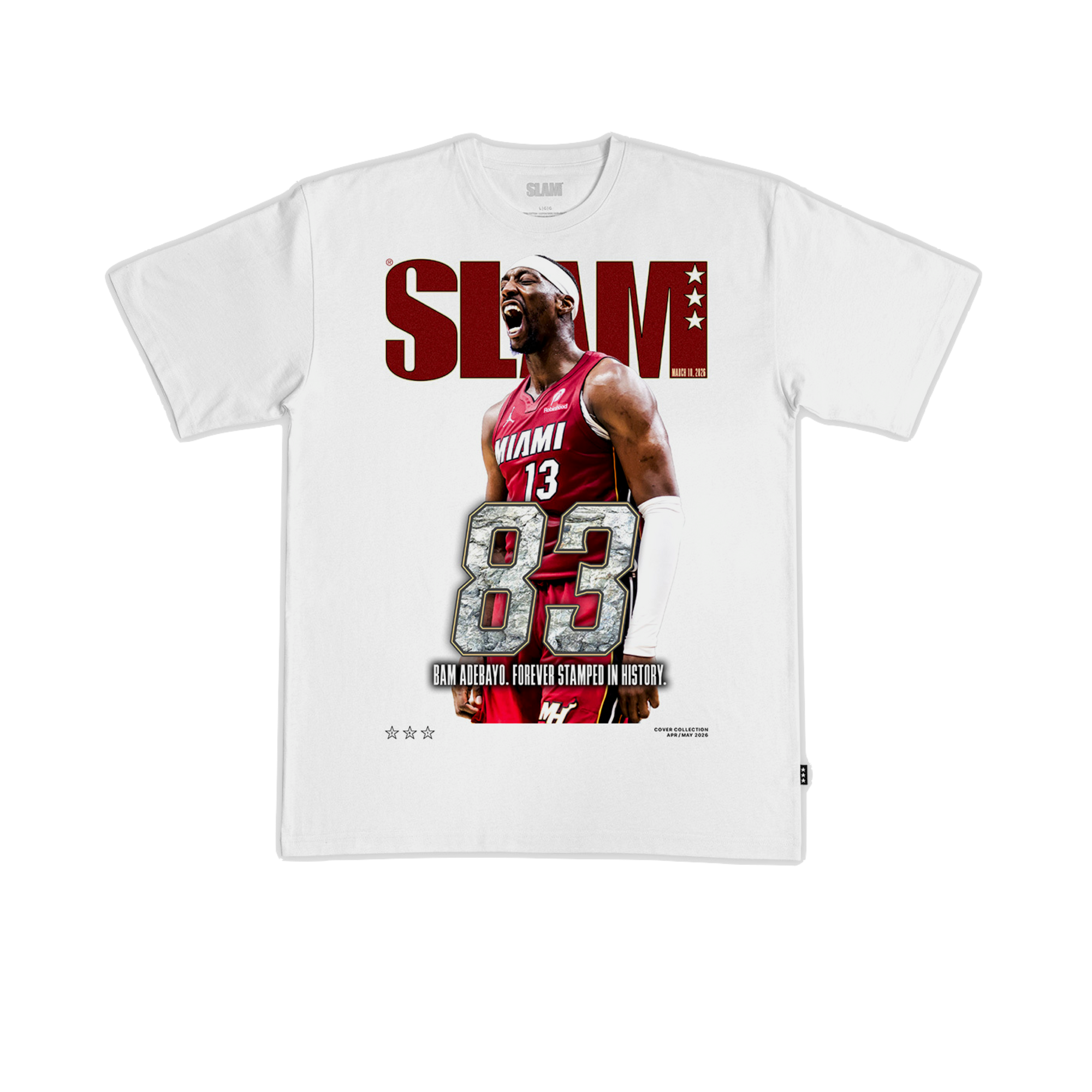 The Bam Adebayo SLAM Cover Tee by SLAM is a white t-shirt featuring Bam in a red jersey, bold 