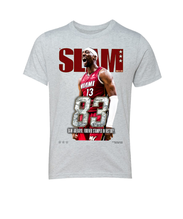 The SLAM Bam Adebayo SLAM Cover Youth Tee features a light gray design with Bam Adebayo in a red Miami #13 jersey, bold 