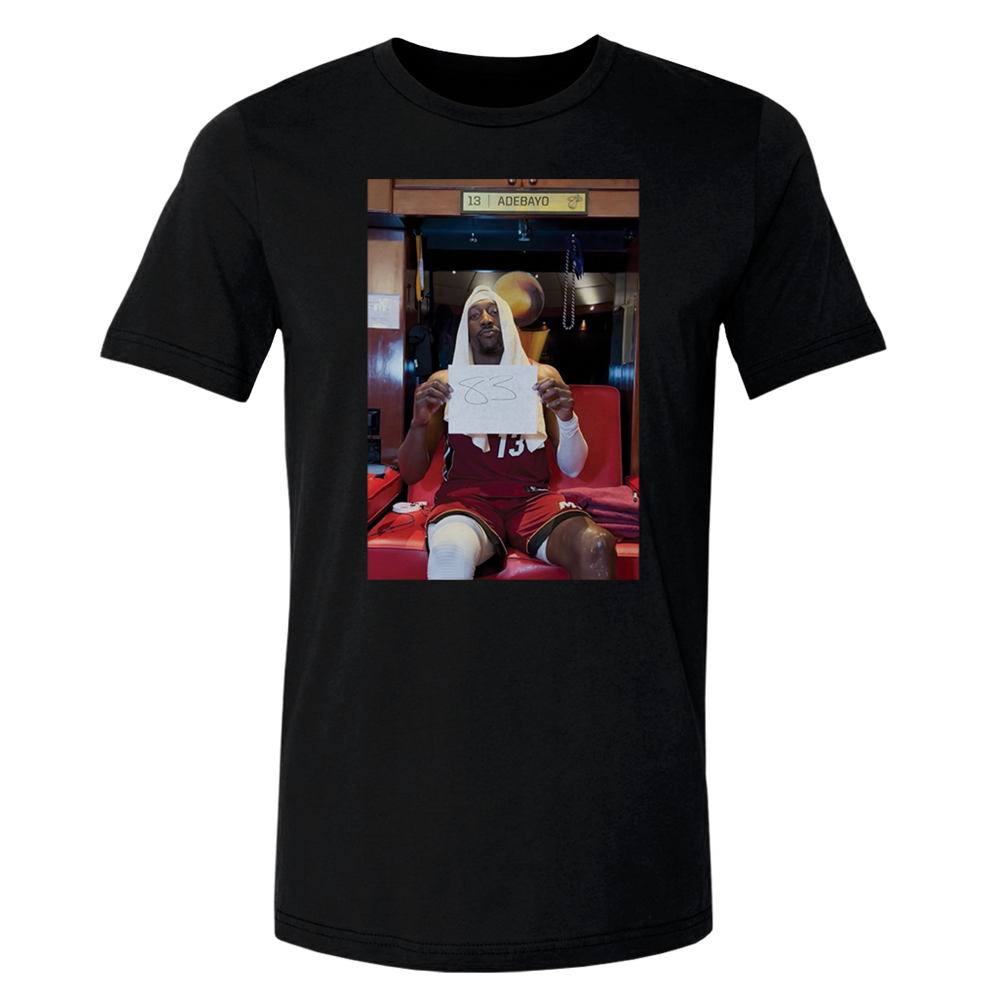 The Bam Adebayo 500 Level Miami HEAT 83 Points Moments Tee features a locker room photo of Bam holding a “33” sign on a bench, with “13 ADEBAYO” above the locker. Made from cotton polyester in standard fit by 500 Level.