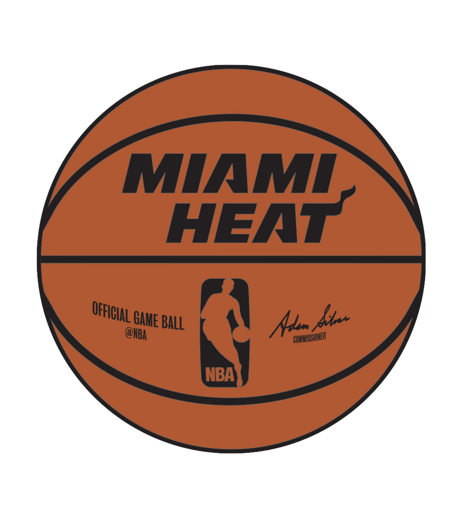 The Pro Specialties Miami HEAT Basketball Magnet features the Miami Heat logo, NBA silhouette, “Official Game Ball @NBA,” Adam Silver’s signature, and measures 2.5 inches.