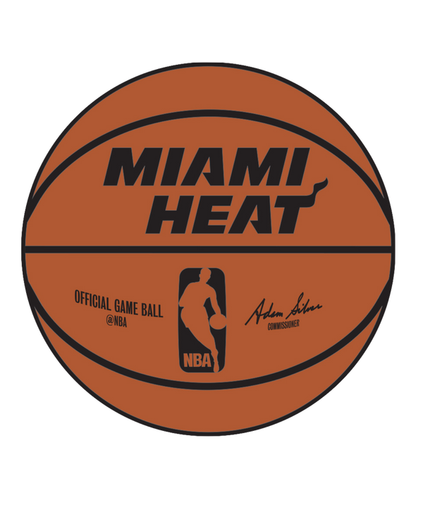 The Pro Specialties Miami HEAT Basketball Magnet features the Miami Heat logo, NBA silhouette, “Official Game Ball @NBA,” Adam Silver’s signature, and measures 2.5 inches.