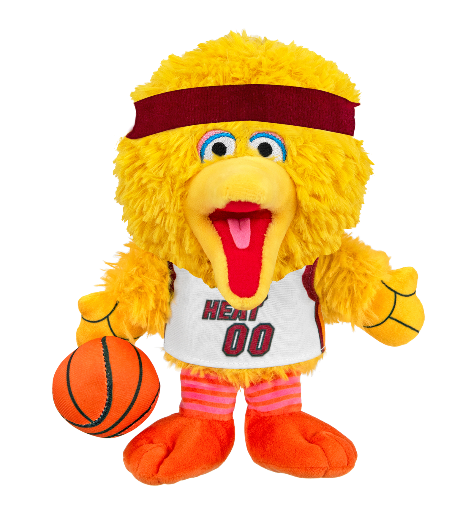 The Bleacher Creatures Miami HEAT Big Bird Association Plushie features the beloved yellow Sesame Street character dressed in a maroon headband, white HEAT 00 basketball jersey, pink-striped socks, and holding an orange basketball.