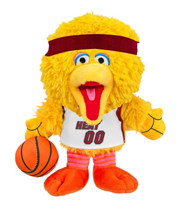 The Bleacher Creatures Miami HEAT Big Bird Association Plushie features the beloved yellow Sesame Street character dressed in a maroon headband, white HEAT 00 basketball jersey, pink-striped socks, and holding an orange basketball.